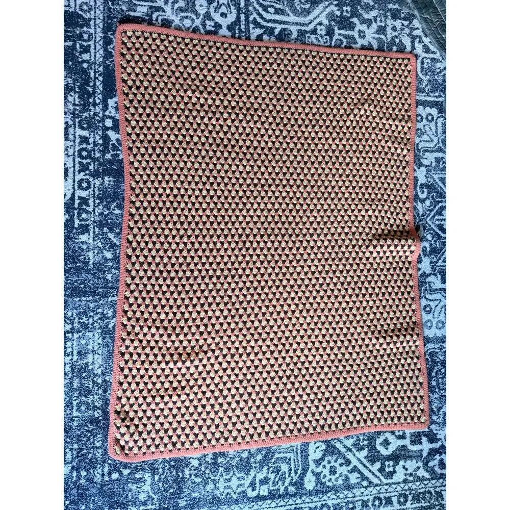 Vintage Handmade Granny Stitch Brown Orange Yellow Crochet Blanket 62x45